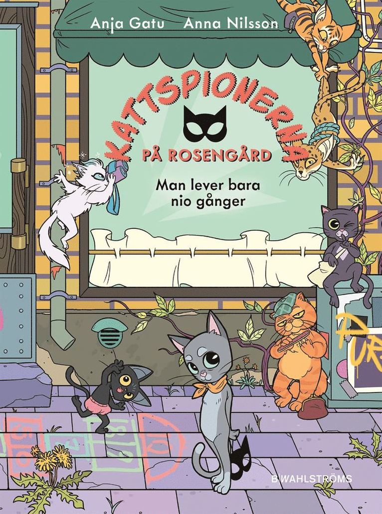 Bokomslaget till "Man lever bara nio gånger", den första boken i serien om Kattspionerna på Rosengård